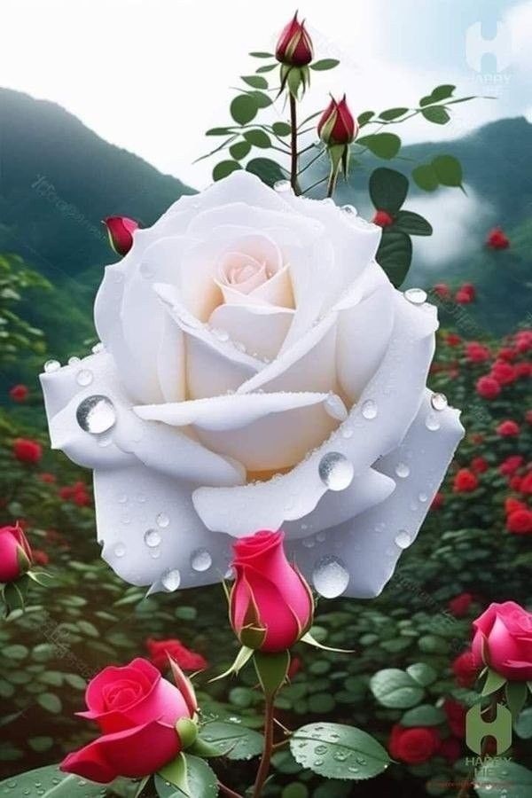 وردة بيضاء بلمسة وردية تحت ضوء المطر