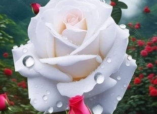 وردة بيضاء بلمسة وردية تحت ضوء المطر